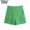 TRAF Women Chic Fashion With Lining Tweed Shorts Vintage High Waist Back Zipper Female Short Pants Mujer 210415