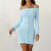 Kvinnor stickad klänning Autumn Slash Neck Longsleeve Button Cotton Bodycon tröja Sexig mantel Femme Robe Casual Dresses