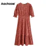 O Neck Casual Plissee Schmetterling Halbe Hülse Eleganter Druck Sommer Frühling Midi Kleid Sommerkleid Vestidos Mujer 210413