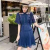 Robe d'été en mousseline de soie bleu marine à manches courtes évasées Casual Street Wear Mini Self Femme Dentelle Patchwork Vestido 210603