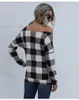 Women's T-Shirt Classic Retro Check Woman Sexy Off Strapless Bat Long Sleeve Autumn Pullover Top Street Winter Clothing Large Size 2xl