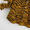 Zeefity Dames Vintage Animal Texture Print Casual Losse Shirt Jas Vrouwelijke Lange Mouw Zakken Patch Jassen Uitloper Chic Tops CT582 210419