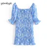 Blue Tie Dye Dress Elastic Mulheres Slow Sleeve Neck quadrado Sexy Bodycon Mini Feminino Festa Verão Vestido 210430