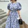 Nomikuma Koreański Kwiatowy Drukowana Sukienka Kobiety O Neck Krótki Rękaw Puff Summer Sukienki Slim Talii Lace Up Casual Fashion Robe Femme 210514