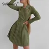 Sollinarry Office A-line pleated v-neck solid dress women green Elegant long sleeve belt mini dresses Casual female vestido 210709