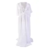 Chiffon Lace Patchwork Sexy White Mesh See-through Cover Ups Summer Side High Split Tunic Beach Up Lady Floor-length Dress 210604