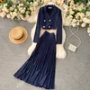 Women Autumn Fashion Elegant Solid Set Double Breasted Short Tops + High Waist Pleated Long Skirt Two Pieces Set 210419