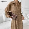 Vintage Leopard Pattern Loose Long Dress Women High Waist Hip Sashes A Line Vestidos Turn Down Collar Sleeve Robe 210422