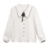 Women White Bow Solid Chiffon Top Shirt Long Sleeve Office Lady Work OL B0684 210514