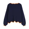 Spring Korean Sweater Women Vintage Navy Blue Cropped Collar Cardigan Knitted Outer Loose Long Sleeve Elegant Casual Tops 210417