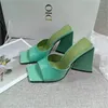 Novidade Triângulo Bloco Bloqueio Saltos Mules Lady Square Open Toe Imprimir Sentinetas Sandálias Para Meninas Mulheres Verão Vestido Sapatos