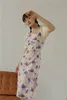 Летнее слоеная рукава цветочные тела платья женщины элегантные фиолетовые квадратные шеи короткие туники женские французские 210427