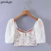 Mode femmes Crochet dentelle Blouse romantique col en V à manches courtes Sexy haut court été Chic Blusas 210514