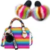 Women's Furry Slides Colorful Rainbow Shoulder Bag Shoes Ladies Fox Fur Slippers Matching Purses Plush Sandals Female Handbag X0925