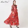 Runway Spring Party Maxi Dresses Women's Elegant Ruffles Long Sleeve Red Flower Print Custom Plus Size Dress S-5XL 210524