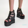 Sandaler Kvinnor Sommar Lyxdesign 13cm Högklackat Fashion Wedges Rivet Rom 6cm Platform Casual Black Zipper Prom Skor