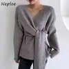 Neploe Chic Criss-Cross V-Neck Side Sweater Woman Bandage Slim Waist Design Stickade Toppar Mujer Långärmad Tröjor Höst Ny Y1110