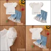 Klädsuppsättningar Baby Kids Baby, Maternity Girls Outfits Barn Hål Puff Sleeve Toppar + Spetsbyxor 2st / Set Sommar Mode Boutique Kläder