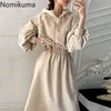 Nomikuma Stretch Waist Mid Calf Dress Women Buttons Long Sleeve Casual Fashion Hooded Sweatshirt Dresses Female Vestidos 3d914 210514