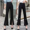 bureau dames dentelle perle rivets fente évasée maigre plus la taille des femmes taille haute pantalon stretch femme travail pantalon élastique noir 210421