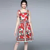 Runway Summer Dames Sexy Spaghetti Riem Rode Floral Gedrukt Casual Hoge Taille Slanke Party Jurk Vestidos 210519