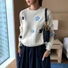 Korean Floral Emobroidery Pullover Sweater High Quality Women Elegant O Neck Knitted Tops C-089 210917