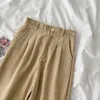 Hög midja Corduroy Wide Benbyxor Kvinnlig Vintage Brun Svart Rak Byxor Utan Bälte Kvinnor Casual Harajuku Bottoms 210915