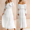 Summer Fashion White Dress Beach Women Off Shoulder Lace Patchwork Solid Color Long Flare Sleeve Maxi Casual Dresses