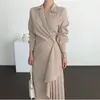 Korean Stylish Asymmetrical Pleated Long Dress Women Notched Collar Full Sleeve Dresses Office Fashion Ladies Vestidos Femme 210513