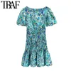 Frauen Chic Fashion Floral Print Rüschen Gesmokt Mini Kleid Vintage Quadrat Kragen Kurzarm Weibliche Kleider Mujer 210507