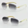 Randlose geschnitzte Linse aus Metall, Luxus-Sonnenbrille für Frauen, Unisex, quadratisch, T8200762, Weiß, echte Büffelhorn-Sonnenbrille, männlich und weiblich, 18 Karat Goldbrille mit UV400-Box