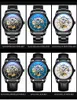 Calendario classico da uomo Calendario Sport Orologi Uomo Luxury Blue Blue in acciaio inox Mesh Skeleton Quadrante Automatico Movimento automatico Orologio da polso