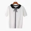 HLBCBG Women Knitted Summer Stripe T Shirt Bowtie Preppy Style Student Cute Top Tee Short Sleeve Tshirt Female 210623