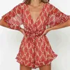 Sexy Vee Deep V Seck Ruffle Bodysuit Женщины летние бохо цветочный шифоновый пляжный комбинезон