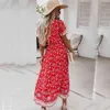 Frauen Langes Kleid Sommer Viskose V-Ausschnitt Kurzarm Blumendruck Bohe-Stil Lässige Damen Knöchellange Kleider Vintage weiblich 210524
