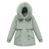 Womens는 자켓 겨울 따뜻한 코트 한국어 미드 길이 코튼 양털 라이너 모피 칼라 플러스 사이즈 파커 211008