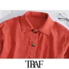 Traf Women Fashion met zakken losse corduroy jas jas vintage lange mouw button-up vrouwelijke bovenkleding chic tops 210415