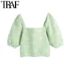 TRAF Moda Moda Jacquard Cropped Crown Sweater Vintage Vintage Collar Puff Manga Fêmea Pullovers Chique Tops 210415