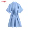 Tangada Summer Women French Style Blue Shirt Dress Short Sleeve Pocket Ladies Sundress BE101 210609