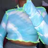 Kobiety Moda Styl Tie-Dye Drukowane Streetwear Slim Crop Top Fall Winter Stand-Up Neck Długi Rękaw Kobiecy T-Koszulka Niebieski 210517