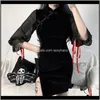 Casual Womens Clothing Apparel Drop Delivery Chinese Qipao Modern Dress 2021 Women Vintage Gothic Dresses Summer Lace Up Mesh Sexy Bodycon Sp