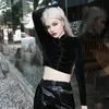 T-Shirt da donna Bottone stile cinese Velluto Vintage Black Mall Goth Manica lunga Slim Crop Top Tees Donna Harajuku Grunge Streetwear
