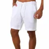 Zomer mannen shorts linnen ademend katoen sport dun lichtgewicht trekkoord solide losse strand korte broek 210714