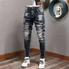 Mode streetwear heren jeans slim fit elastische vernietigde gescheurde denim broek geschilderd gesplitst ontwerper hiphop punk bikerbroek 211120