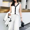 Runway Designer Women Tracksuit 3pc Set Spring White Hit Color Knitted Cardigan Coat +v Neck Vest + Wide Leg Trousers Pant Suits 210515