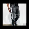 Mens jeans mode denim långa penna byxor sida randig rippad kläder manlig svart high street slim biker dnt2d km0pu