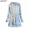 Zevity Women Vintage Vネッククロスパッチワークプリントミニシャツドレス女性シックな弾性ウエストレトロなvestidos DS8398 210603