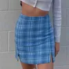 Foriol Plaid Vintage Mini Jupe Femmes Sexy Slit Cara Blue Bottoms Femme Taille Haute Checker Streetwear Bodycon Falda 210427