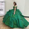 2022 Glitter cekin wzoczeniowo szmaragd zielony quinceanera sukienki balowe meksykańskie Charro XV satyny z rękawami Ruched Ball Suknia formalna 286b