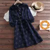 Mori Girl Höst Vinter Kvinnor Tjock Varm Klänning Ruffled Collar Floral Tryckt Grå Navy Blue Vestidos Långärmad Elegant 210520